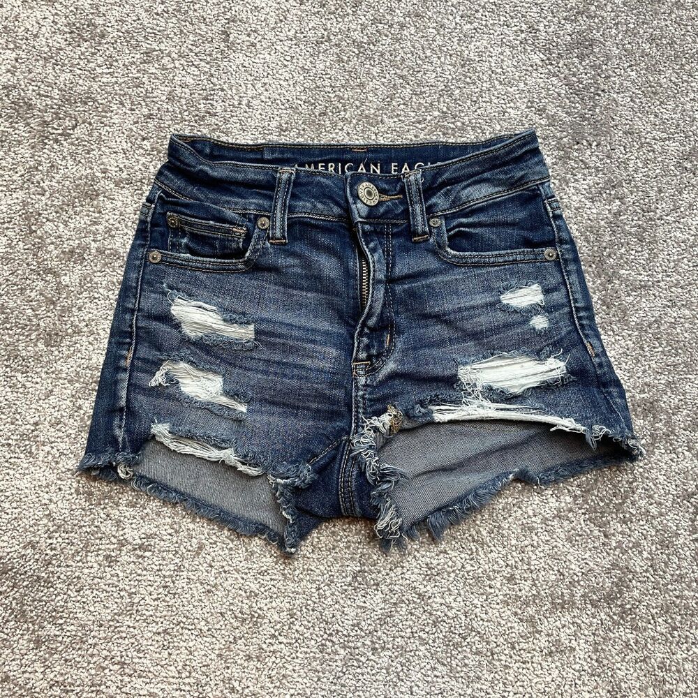 American Eagle Next Level Stretch Jean Shorts Womens 00 Blue Denim Dark Distress